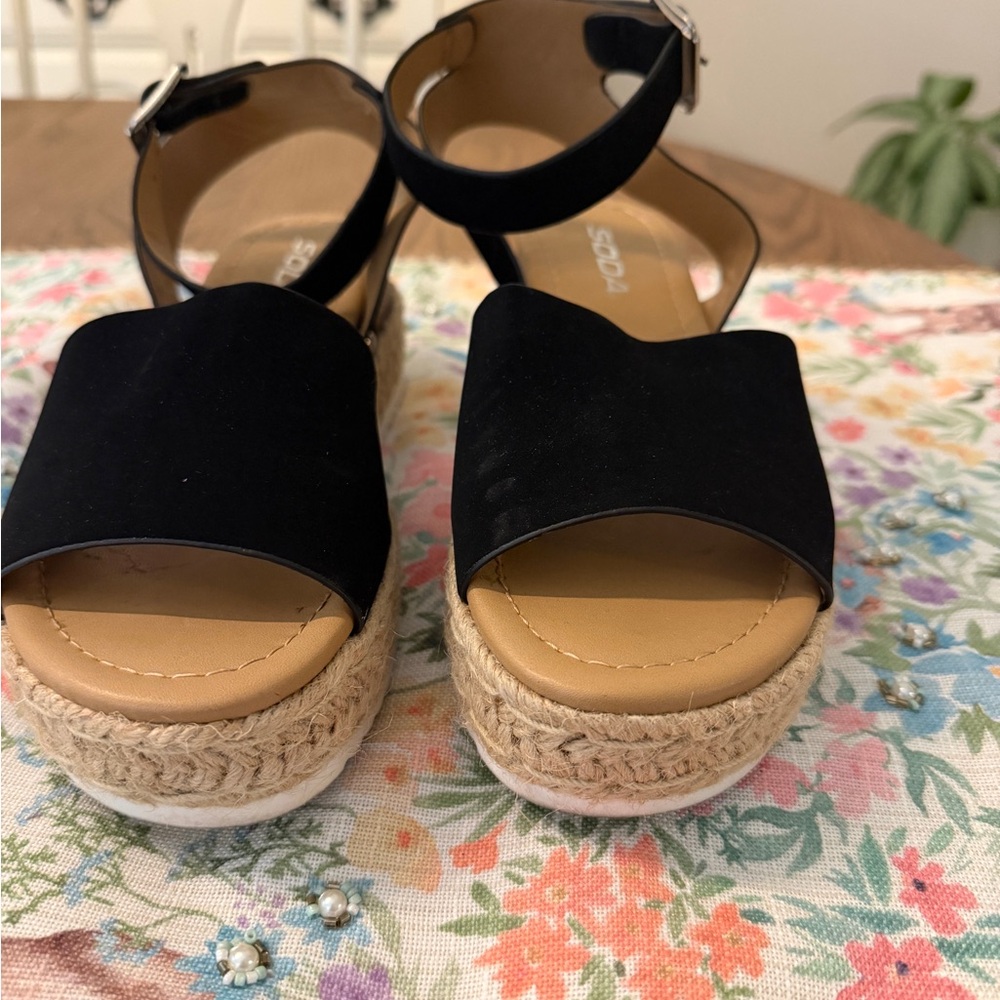 Soda Black Espadrille Platform Sandals with Ankle Buckle - Picture 2 of 2